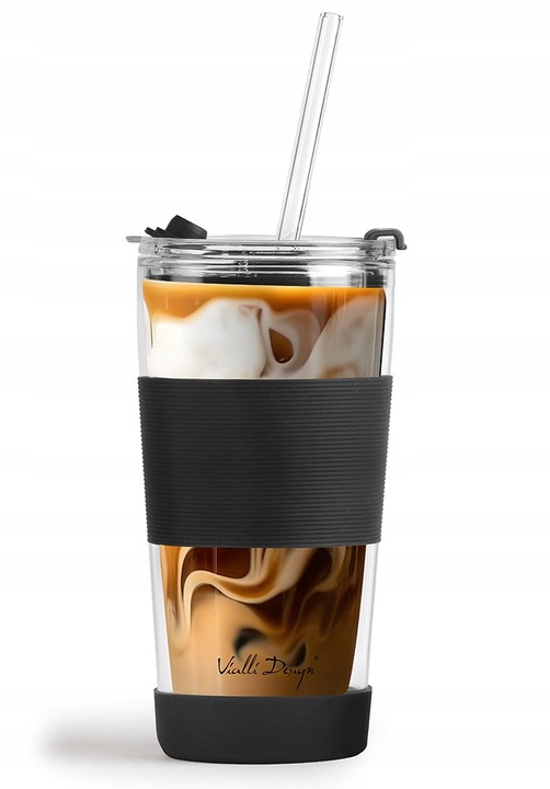 Szklany kubek do kawy ze słomką Vialli Design FUORI 600ml 30374 (czarny)