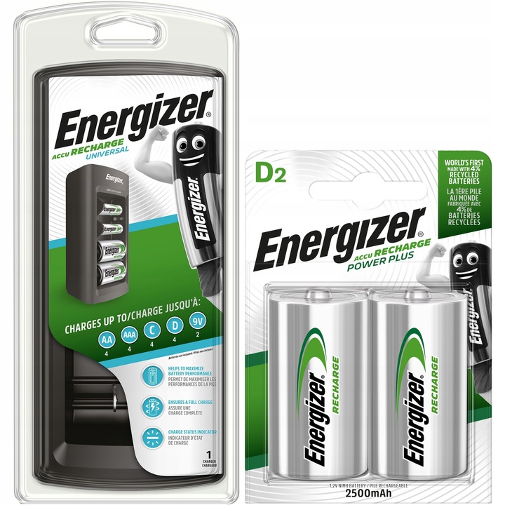 Ładowarka Energizer Universal R3 R6 R14 R20 9V + 2x Akumulatorki D 2500mAh