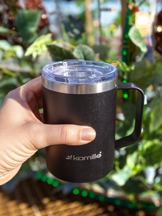 KUBEK TERMICZNY stalowy TERMOS do kawy herbaty z uchwytem KAMILLE 360ml