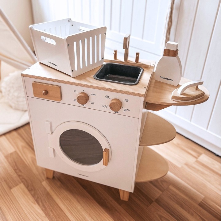 DREWNIANA PRALKA XXL - Z ŻELAZKIEM, KOSZEM, UMYWALKĄ - PRANIE MONTESSORI