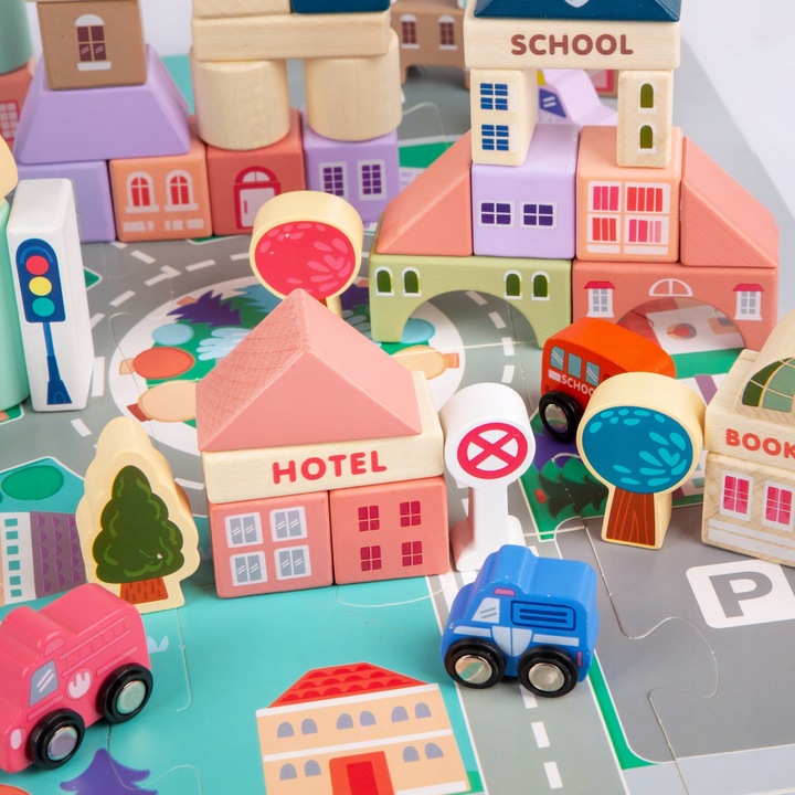 DREWNIANE KLOCKI ZESTAW DROGA MIASTO 115 ELEMENTÓW MATA POJAZDY AKCESORIA