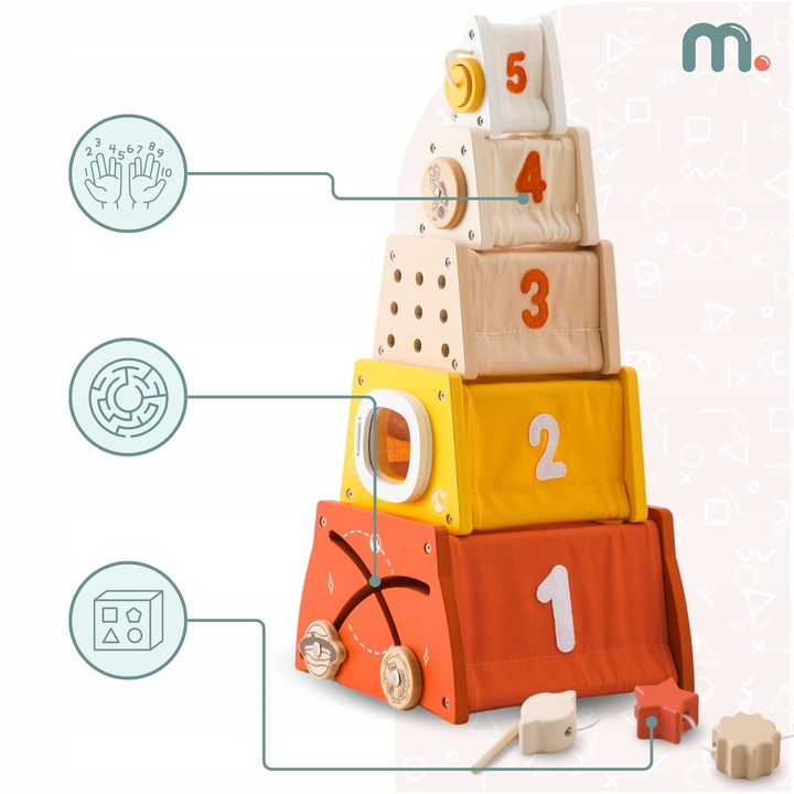 Drewniana piramidka edukacyjna Montessori sorter kształtów, labirynt, cyfry