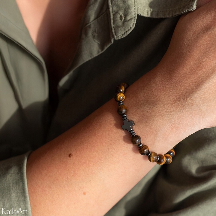 BRANSOLETKA Z KRZYŻEM RÓŻANIEC MĘSKA ŚW. BENEDYKT TYGRYSIE OKO HEMATYT