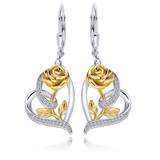 Srebrne Kolczyki 925 Wiszące Serca z Różą Grawer