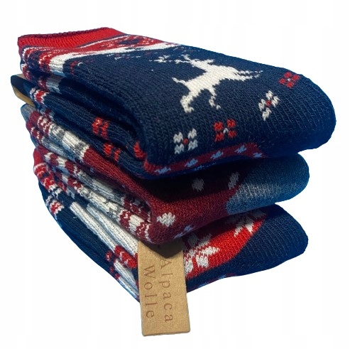 3x CIEPŁE GRUBE ZIMOWE SKARPETY WEŁNIANE ALPAKA na PREZENT świąteczne wzory