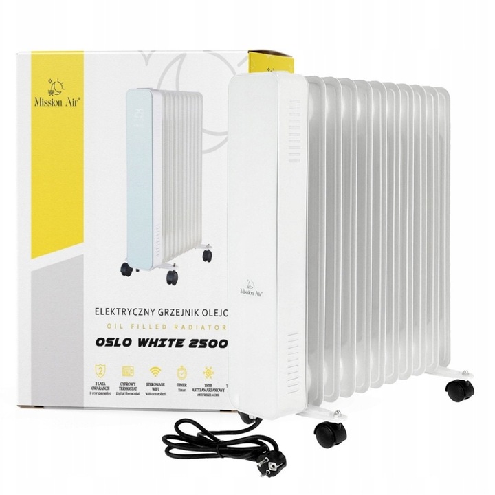 Grzejnik olejowy elektryczny Mission Air OSLO white 2500W biały WIFI TIMER