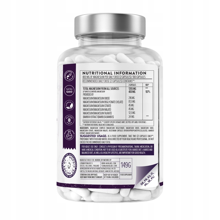 MAGNEZ COMPLEX 5 rodzajów 400mg Bisglicynian Taurynian 180 Kapsułek