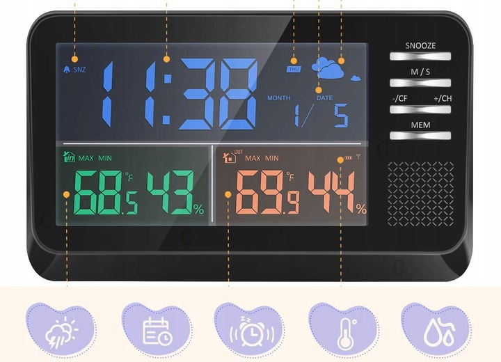 Bezprzewodowa Stacja Pogodowa Zegar Termometr Data