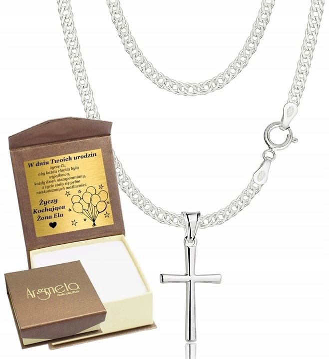Łańcuszek Srebrny Rombo Pełny Diamentowany z Krzyżykiem 925 Grawer Gratis