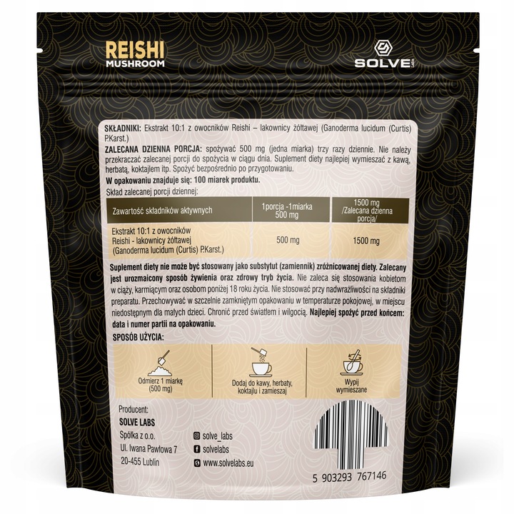 Reishi Ganoderma lucidum 50G SOLVE LABS Ekstrakt