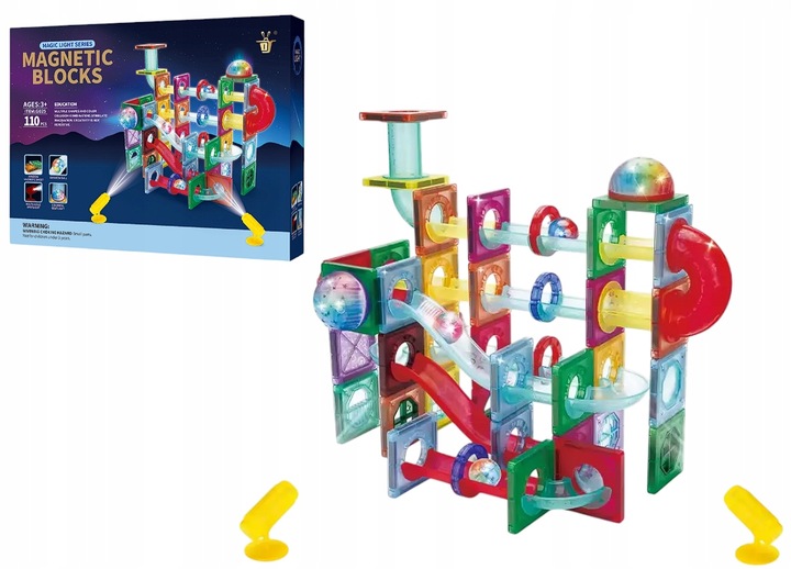 KLOCKI MAGNETYCZNE PANELE 110 EL DUŻY ŚWIECĄCY TOR KULKOWY DLA DZIECI