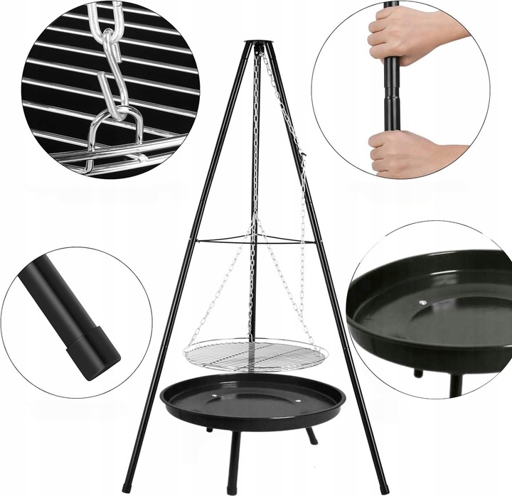 PALENISKO TRÓJNÓG GRILL OGRODOWY OGNISKOWY WISZĄCY DUŻY RUSZT CHROMOWANY 50