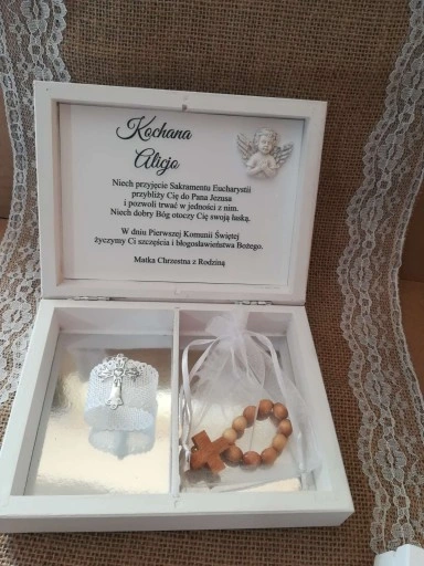 Pudełko na pieniądze prezent Pamiątka I Komunii chrzestnej dziadków aniołek