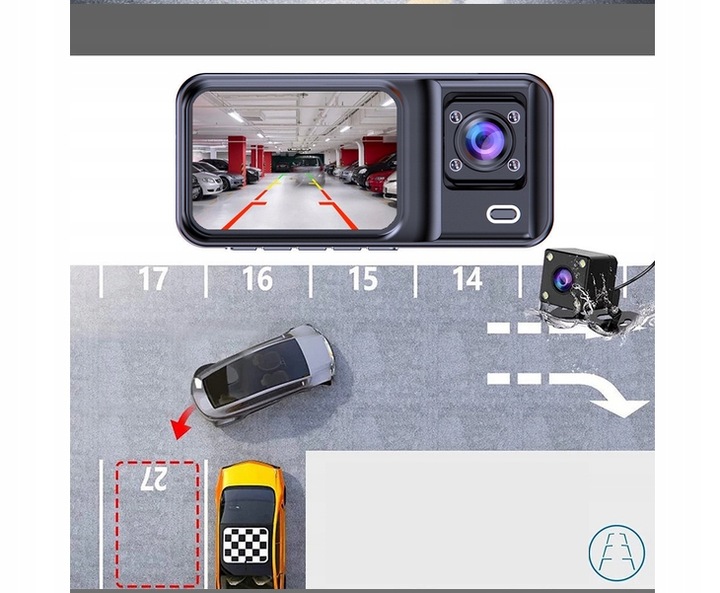 WideoRejestrator 3 Kamery z Kamerą cofania G-sensor Wstrząsy menu PL