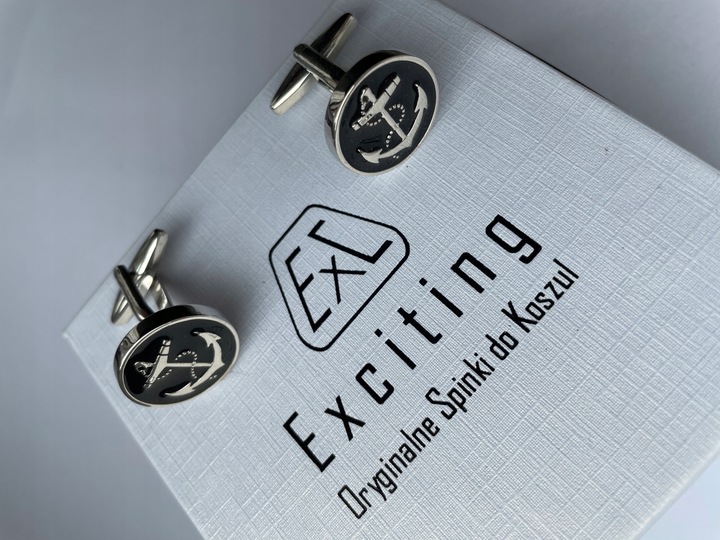 Męskie srebrne spinki do mankietów EXC Kotwica Żeglarskie Czarne Kotwice