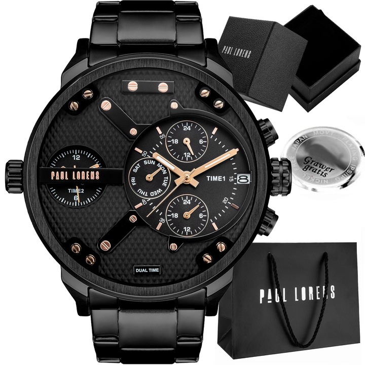 Duży zegarek męski Paul Lorens DIEZELI- stalowy - multidatownik czas dobowy
