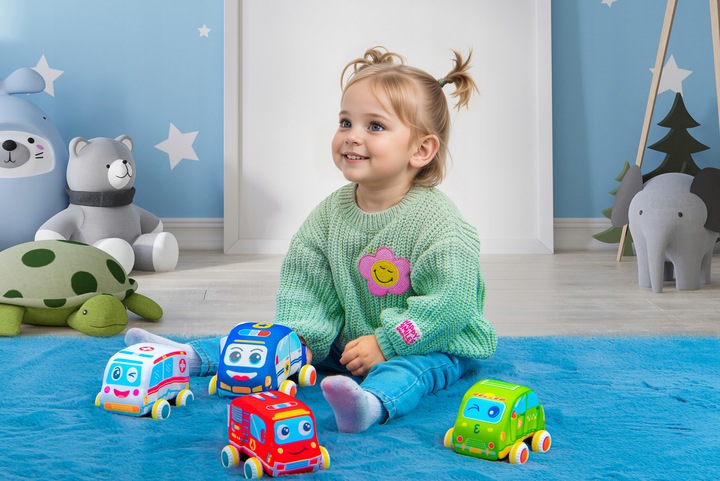 PLUSZOWE MIĘKKIE AUTKA SAMOCHODZIKI Z NAPĘDEM ZESTAW 4 SZTUK