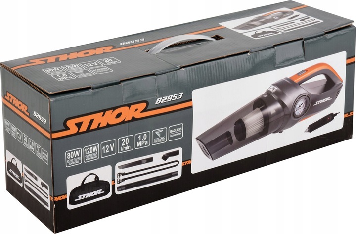 ODKURZACZ SAMOCHODOWY 12V Z KOMPRESOREM BEZWORKOWY 80W STHOR 82953
