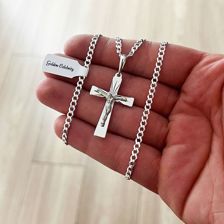 SREBRNY ŁAŃCUSZEK KOMUNIJNY + DUŻY KRZYŻYK JEZUS 925 / DLA CHŁOPCA + GRAWER