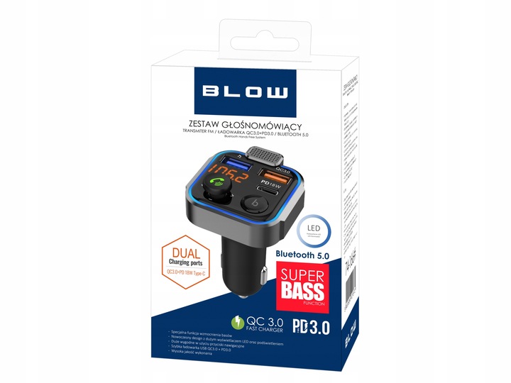 TRANSMITER BLUETOOTH 5.0 FM ŁADOWARKA USB PD 20W QC 3.0 BASS MOCNY MIKROFON