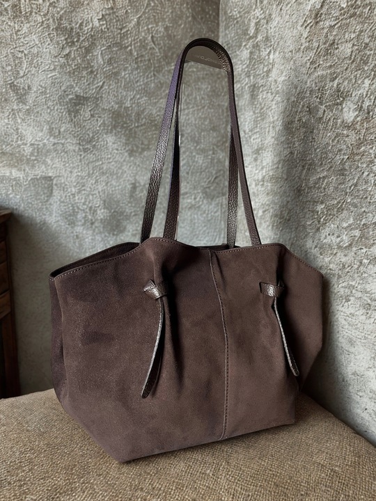 Czekoladowa torebka zamszowa shopper brąz SKÓRA ZAMSZ NATURALNY Vera Pelle