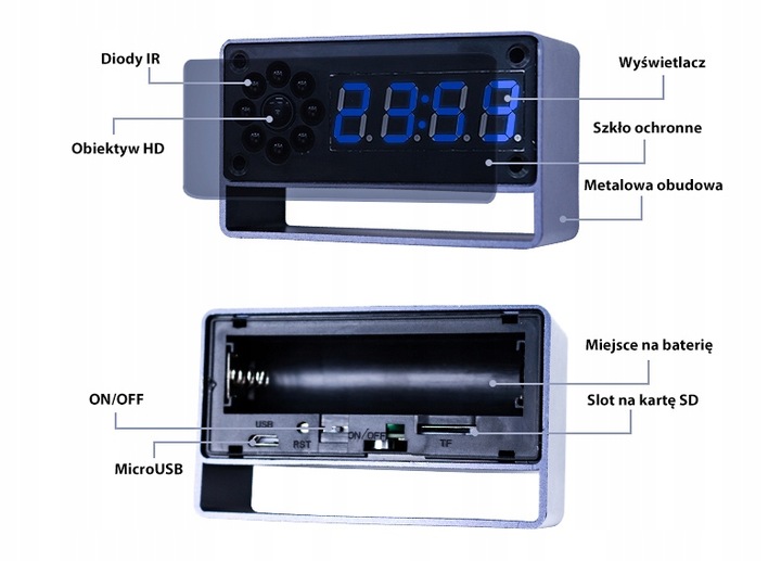 UKRYTA KAMERA ZEGAR WIFI PODGLĄD NA ŻYWO DETEKCJA NAGRYWANIE W NOCY MK203