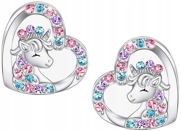 Srebrne kolczyki jednorożce serce stal chirurgiczna szlachetna 316L