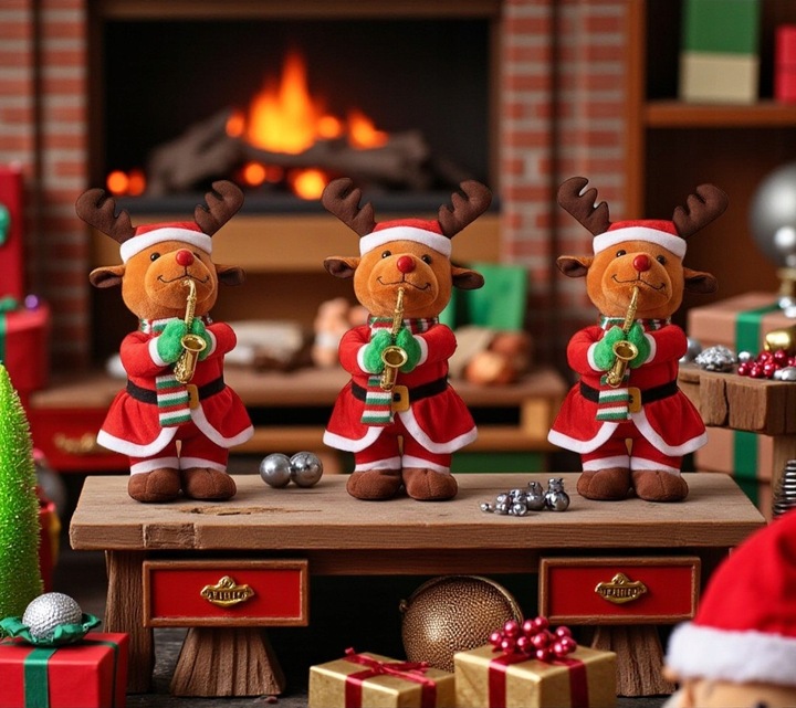 TAŃCZĄCY RENIFER W STROJU MIKOŁAJA Z SAKSOFONEM GRAJĄCA OZDOBA ŚWIĄTECZNA