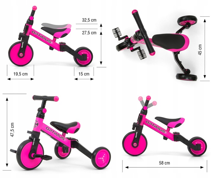 Milly Mally Rowerek trójkołowy jeździk 3w1 Optimus różowy