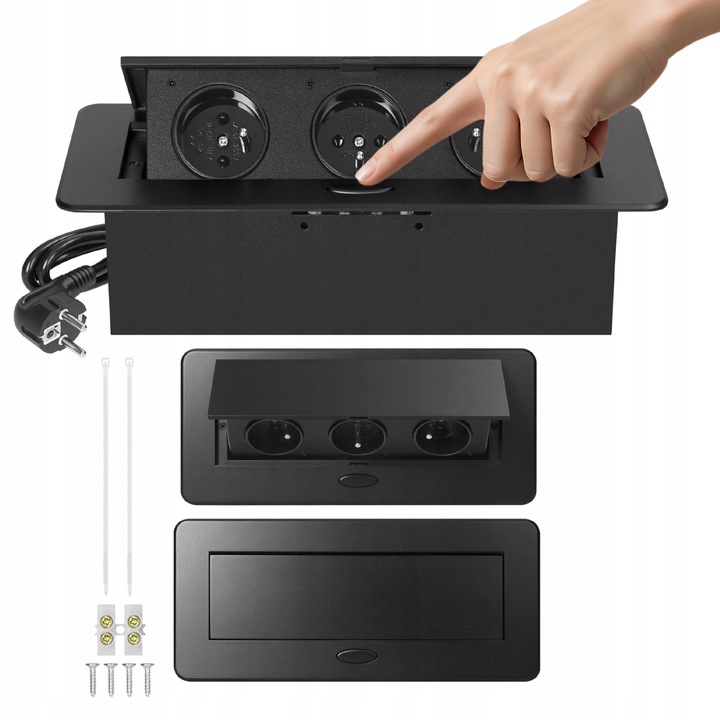 gniazdo wpuszczane chowane w blat potrójne stalowe czarne gniazdo meblowe