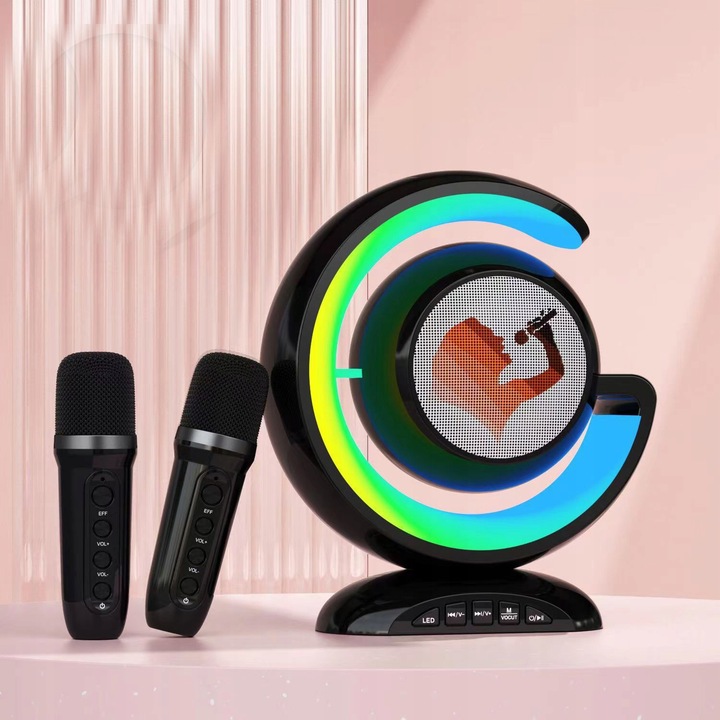 GŁOŚNIK BLUETOOTH PRZENOŚNY KARAOKE RGB 2 MIKROFONY USB SD MINI JACK