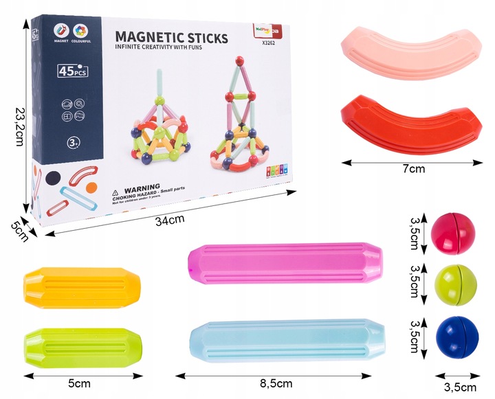 KLOCKI MAGNETYCZNE KONSTRUKCYJNE EDUKACYJNE 45 EL DLA DZIECI MAGNETIC STICK