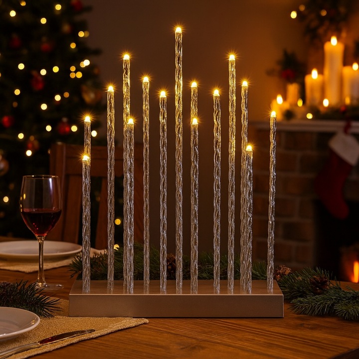 Świecznik Świąteczny LED Srebrny Dekoracja LED 19cm Ciepła Biel Timer