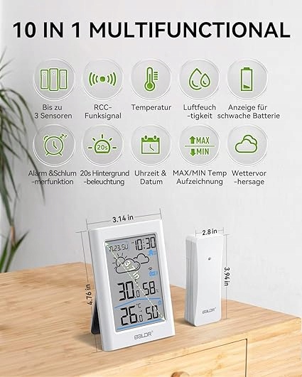 Radiowa stacja pogodowa z czujnikiem zewnętrznym zegar radiowy DCF termomet