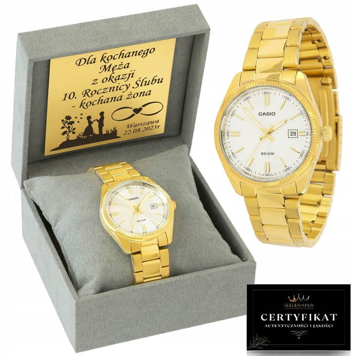 LUKSUSOWY ZEGAREK MĘSKI CASIO POZŁACANY PRAWDZIWYM 24K ZŁOTEM + GRAWER