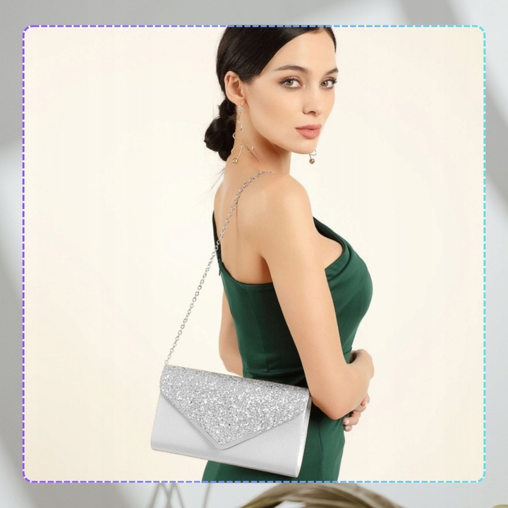 Srebrna Torebka Kopertówka Błyszcząca Wizytowa Damska portfel łańcuszek