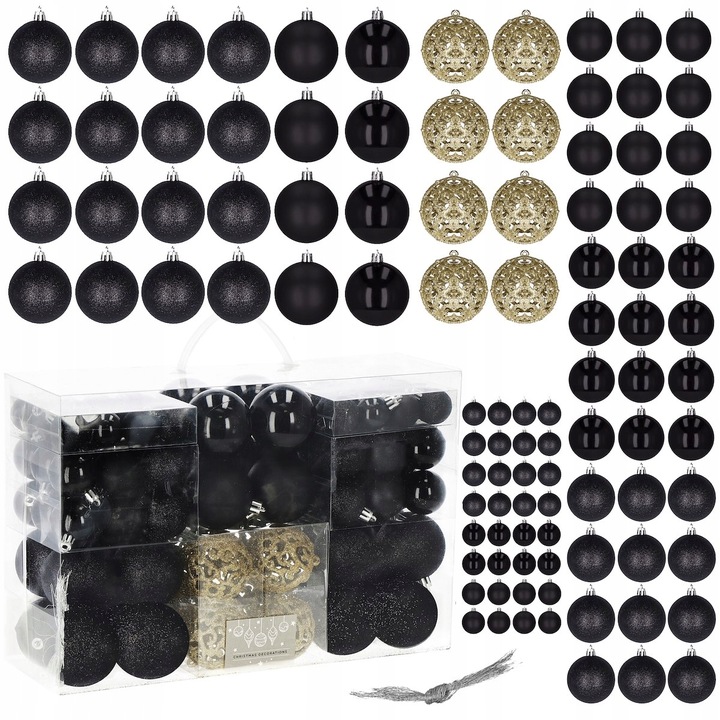 BOMBKI CHOINKOWE 100szt nietłukące ZESTAW XXL NA CHOINKĘ WZORY CZARNE ZŁOTE