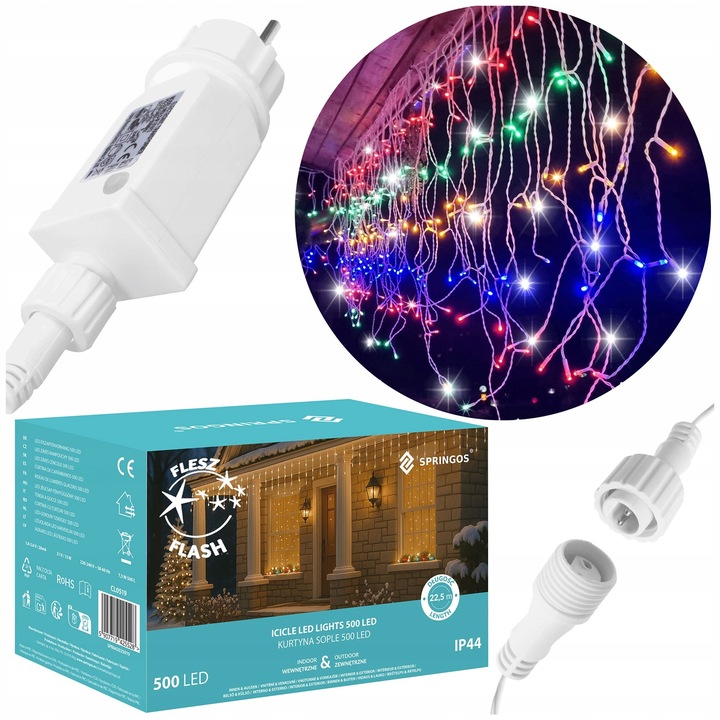 KURTYNA 500led SOPLE LAMPKI ZEWNĘTRZNE +FLASH MULTIKOLOR OŚWIETLENIE 22,5M