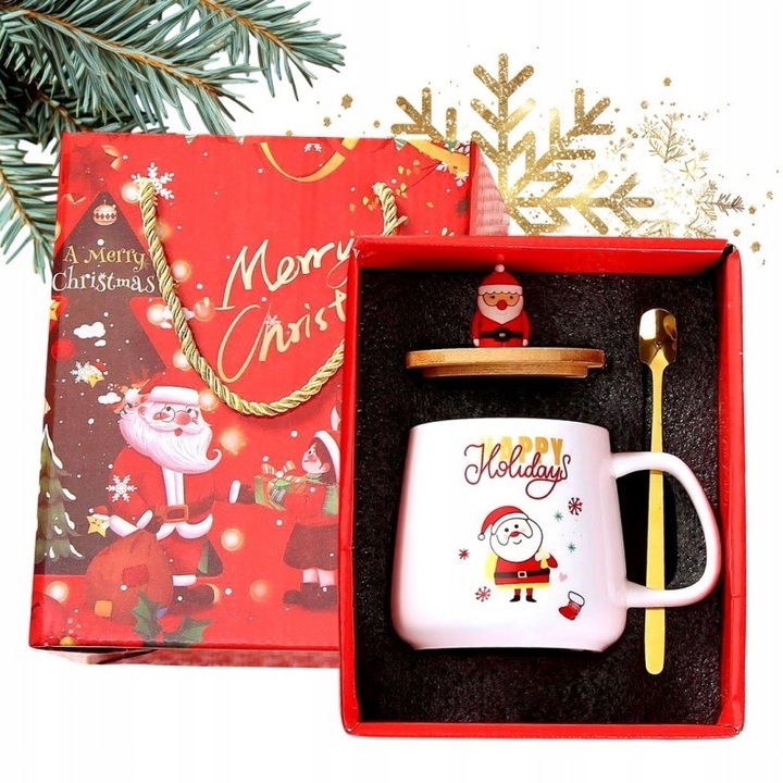 KUBEK ŚWIĄTECZNY - zestaw w pudełku z pokrywką i łyżeczką 225 ml, biały