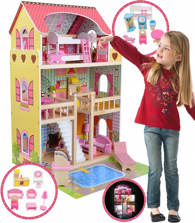 Duży Domek Dla Lalek XXL Drewniany Mebelki Do Zestawu Oświetlenie LED