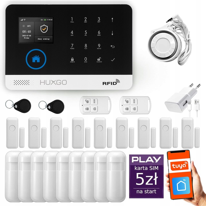 Alarm bezprzewodowy GSM + WiFi z aplikacją TUYA , zestaw , HUXGO HXA003