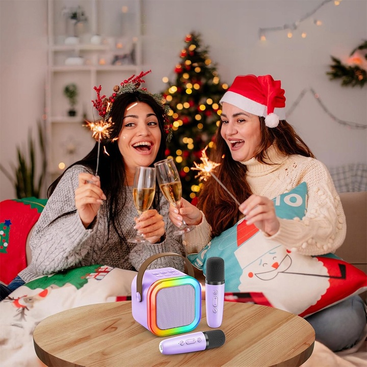 Bezprzewodowy Zestaw do Karaoke dla Dzieci LED Głośnik Bluetooth +Mikrofony