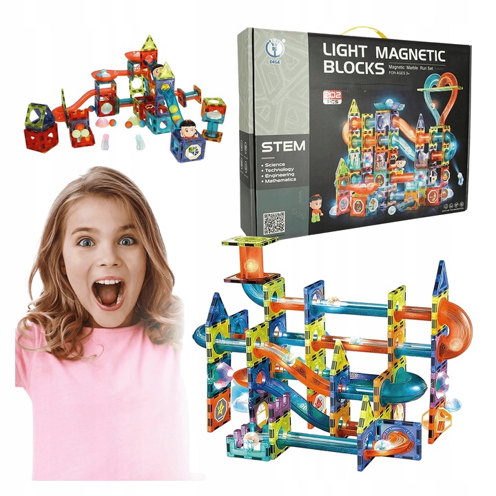 Klocki MAGNETYCZNE DUŻE 202EL Świecące TOR KULKOWY Kulodrom Magnetic Blocks