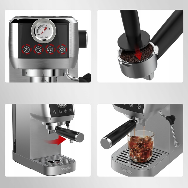 Iceagle Ekspres do kawy espresso CM1665, manometr, 20 barowa włoska pompa