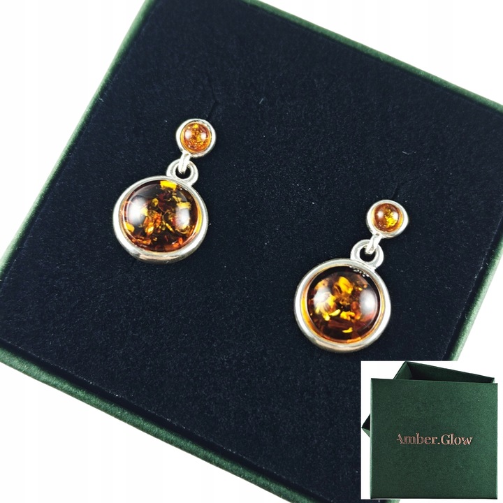 KOLCZYKI SREBRNE z Bursztynem DELIKATNE Wiszące Sztyft SREBRO 925 PREZENT