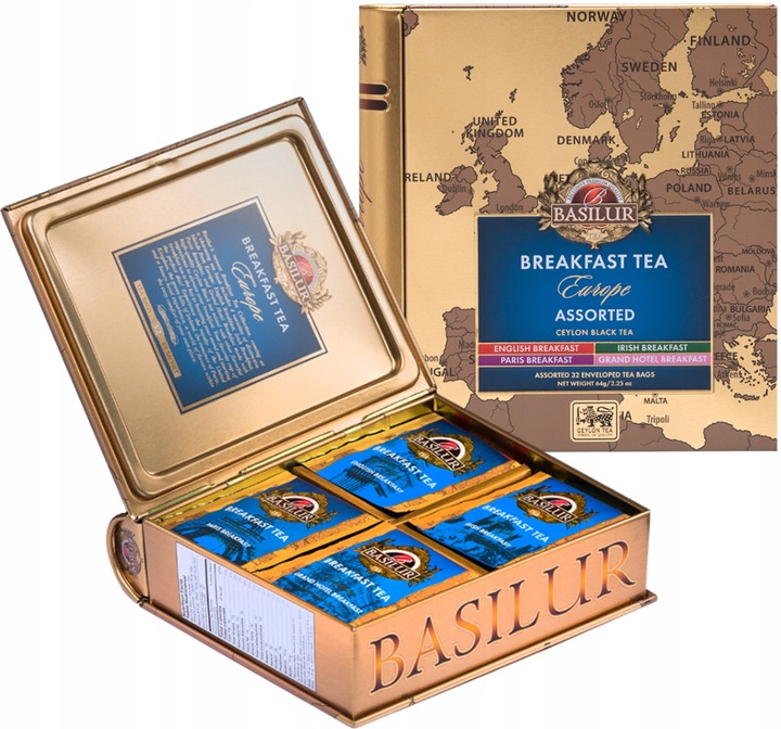 Basilur BREAKFAST EUROPE zestaw herbat 4 SMAKI na PREZENT puszka - 32 szt.