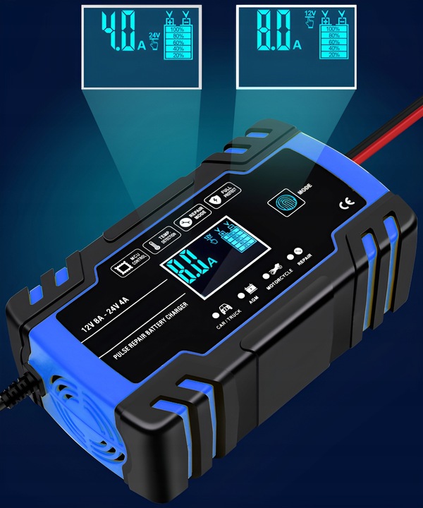 Prostownik samochodowy do akumulatorów LTC LX1204 12 V 24 V LCD ładowarka
