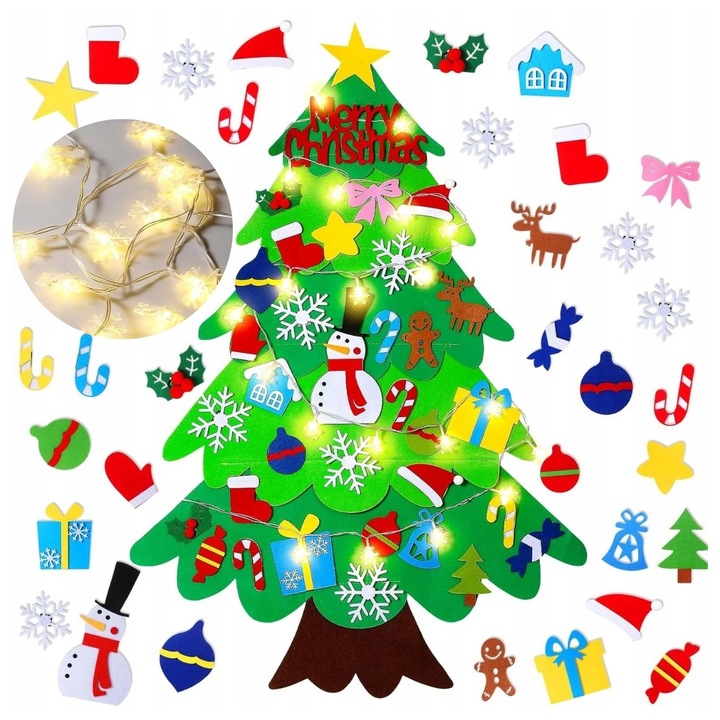 CHOINKA FILCOWA NA RZEPY Z OZDOBAMI DLA DZIECI ŚWIATEŁKA 50 LED NA ŚCIANĘ