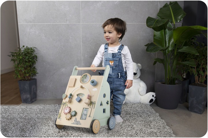 Drewniany chodzik dla dziecka pchacz sensoryczny jeździk do zabawy Nukido