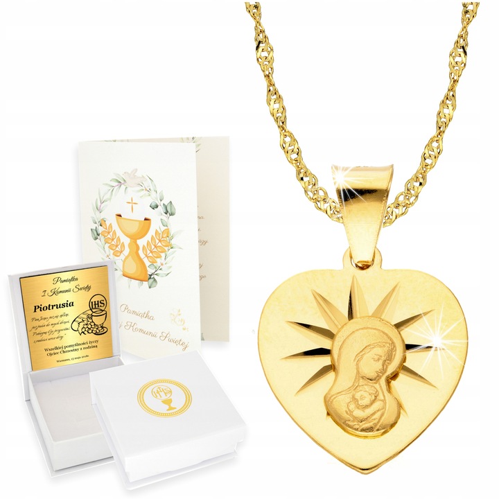 Złoty Łańcuszek z Medalikiem 925 Matka Serce Chrzest Komunia Grawer